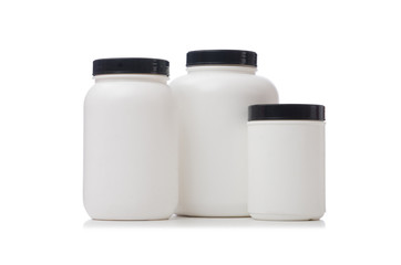 Jars with food additive protein isolated on white