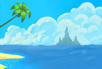 Fototapeta na wymiar Illustration: The Watchtower on the Beach. Realistic / Cartoon Style. Fantastic Topic. Scene / Wallpaper / Background Design. 
