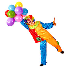 Happy birthday clown holding a bunch of balloons.   - 94381660