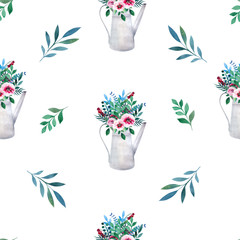 Seamless pattern. Watercolor bouquets of flowers in pot. Rustic 