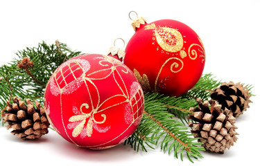 Fototapeta na wymiar Christmas decoration balls with fir cones