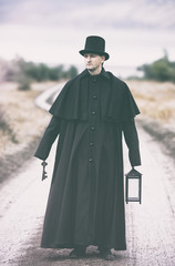 Stylized portrait of a sullen man in garrick coat with a lantern ant a bundle of keys in his hands