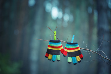 Little baby gloves hanging by a thread in winter outside