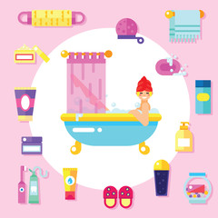 Bath supplies, hygiene accessories, cosmetics etc with smiling girl takes a bubble bath. Flat design vector icons set.