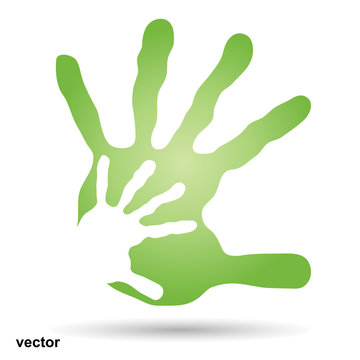 Vector conceptual mother and child green hand print isolated
