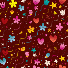 hearts, flowers and stars cute characters seamless pattern