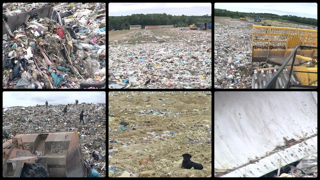 Special machine weighs rubbish and homeless people looking for items in dump. Environmental pollution. Poverty. Montage of video clips collage. Split screen. Black round corner frame. Full HD 1080p.
