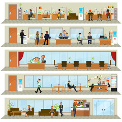 workday in an office building. People in the interior of the building in different poses and situations. Vector illustration in a flat style.