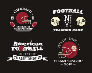American football championship, team training camp badges, logos, labels, insignias in retro color style. Graphic vintage design for t-shirt, web. Colorful print isolated on a dark background. Vector