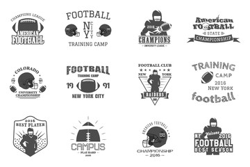College rugby and american football team, campus, college badges, logos labels insignias in retro style Graphic vintage design for t-shirt, web. Monochrome print isolated on a white background. Vector © jeksonjs