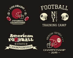 American football championship, team training camp badges, logos, labels, insignias in retro color style. Graphic vintage design for t-shirt, web. Colorful print isolated on a dark background. Vector