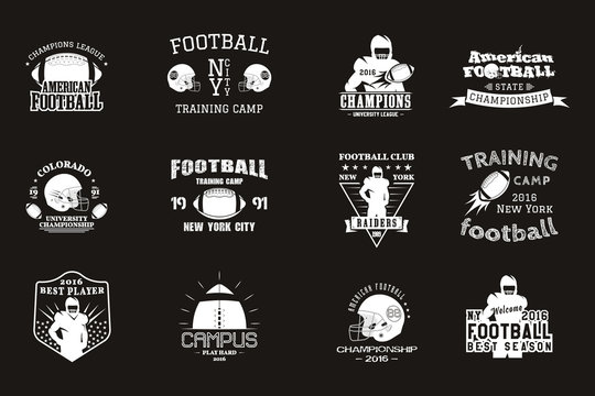 College rugby and american football team, campus, college badges, logos labels insignias in retro style Graphic vintage design for t-shirt, web. Monochrome print isolated on a black background. Vector
