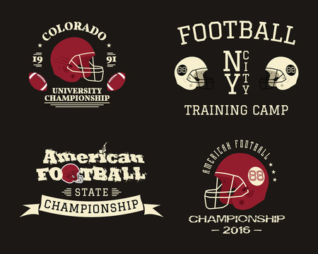 American football championship, team training camp badges, logos, labels, insignias in retro color style. Graphic vintage design for t-shirt, web. Colorful print isolated on a dark background. Vector - Powered by Adobe