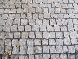 Cobble stone background texture. Surface of old cobble stone pavement with dead yellow fall leaves.