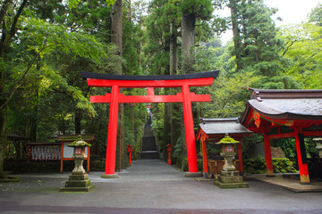hakone shrine (temple)  Japanese Shinto shrine entrance beside a