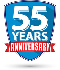 Flat design 55 years anniversary label with red ribbon, vector i