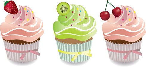 Cupcake with strawberry, cherry, kiwi and whipped cream. Vector