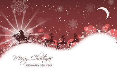 Christmas landscape, santa on sleigh with reindeer on hill.