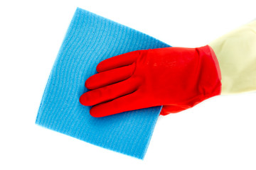 Cleaning rubber gloves with rag
