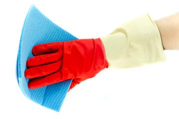 Cleaning rubber gloves with rag
