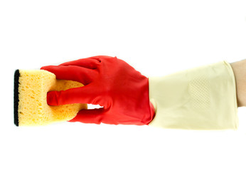 Cleaning rubber gloves with sponge
