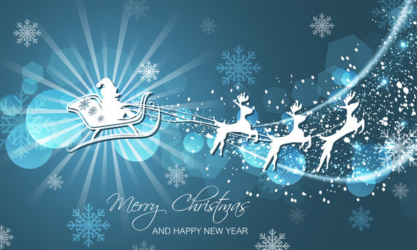 Christmas abstract greeting card. Flying Santa on sleigh with reindeer.