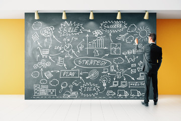 Businessman draws business development concept on blackboard
