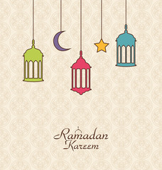Obraz na płótnie Canvas Celebration Islamic Card with Arabic Hanging Lamps for Ramadan K