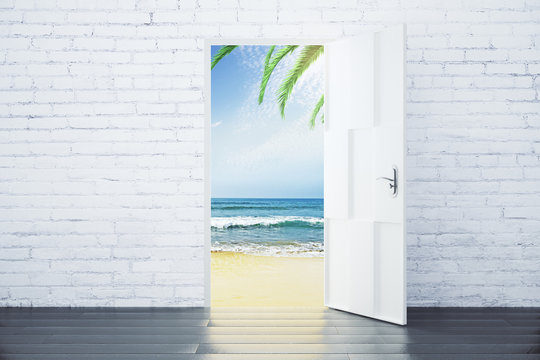 Open door in a beach with ocean waves and palm trees, concept