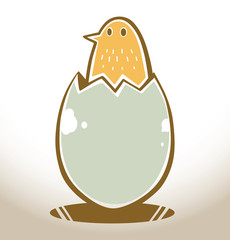 Vector Bird hatched from an egg. Image of a yellow bird hatched from an egg light blue color on a light background.