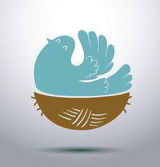 Vector blue bird in the nest. Image of a blue bird sitting in a brown nest on a blue background.