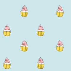 Set of sweet patterns. Seamless backgrounds with cream cupcake.