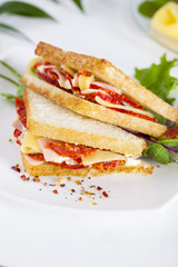 two sandwich with ham and cheese butter spices, sausage, pepperoni, chorizo