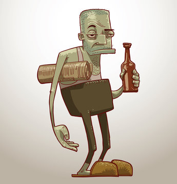 Vector old alcoholic with beer. Cartoon image of an old alcoholic in gray trousers, T-shirt and slippers with a bottle of beer in his hand and a newspaper under his arm on a light background.