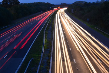 An Abstract light view of traffic on the M23 near London, Gatwick  at dusk in Autumn/Fall.