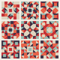 Vector Seamless Blue Red Orange Geometric Ethnic Square Quilt Pattern Collection - obrazy, fototapety, plakaty