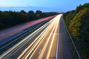 An Abstract light view of traffic on the M23 near London, Gatwick  at dusk in Autumn/Fall.