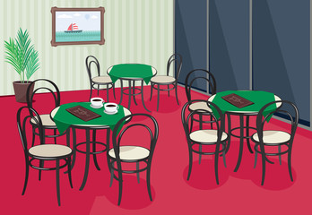 Interior traditional cafe in france. Reservation. Lounge bar. Vector simple cartoon illustration.