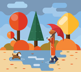 Autumn walk with dog puddles umbrella nature park concept flat design landscape background template vector illustration