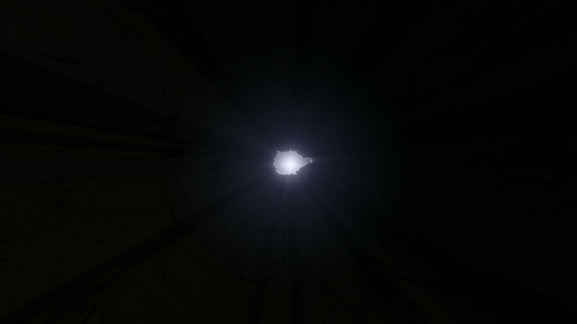 A camera zoom into an infinitely deep hole in a flat piece of cracked stone reaching a blinding light on the other end
