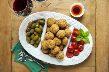 Healthy Italian Appetizer Tray with Risotto balls Arancini , Gre