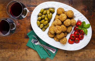 Healthy Italian Appetizer Tray with Risotto balls Arancini , Gre