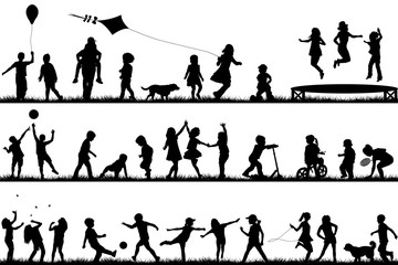 Children silhouettes playing outdoor - 94397024