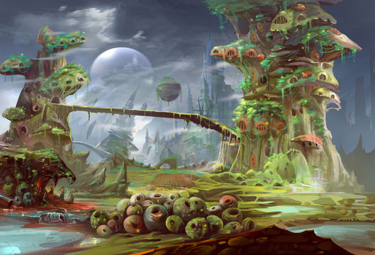 Illustration: The Panorama of the Prison Planet - The Horrible Version. Realistic Style. Scene / Wallpaper Design.