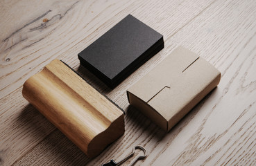 Set of classic office elements on the wooden table. Horizontal