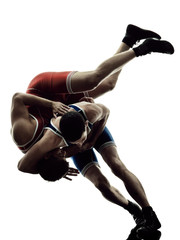 wrestlers wrestling men isolated silhouette - obrazy, fototapety, plakaty