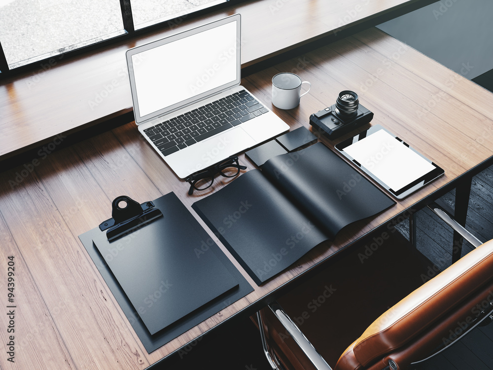 Poster generic design laptop on the wooden table with business elements. 3d rendering