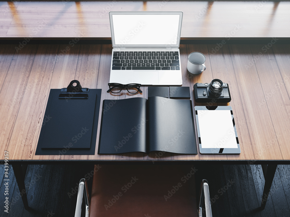 Poster generic design laptop on the wooden table with office elements. 3d rendering