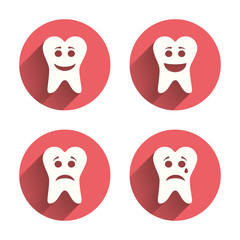 Tooth happy, sad and crying face icons.