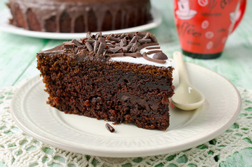 Piece of chocolate cake with banana